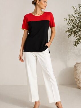 Misook Vintage Color Block Knit Top Red Black Short Sleeve Size M (No Tag)